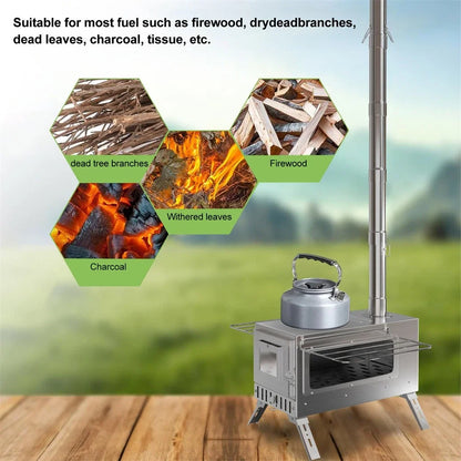 Wood Burning Tent Stove, Stainless Steel with Chimney
