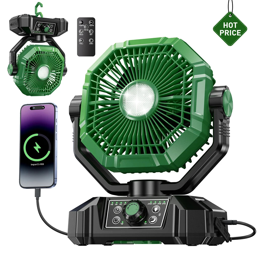Rechargeable Camping Fan 20000mAh, LED Light, Remote