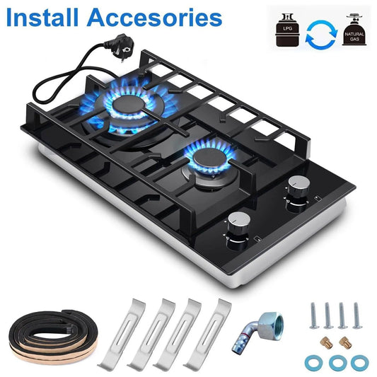2 Burner Glass Gas Hob LPG, 3.4kW Wok, Campervan Motorhome