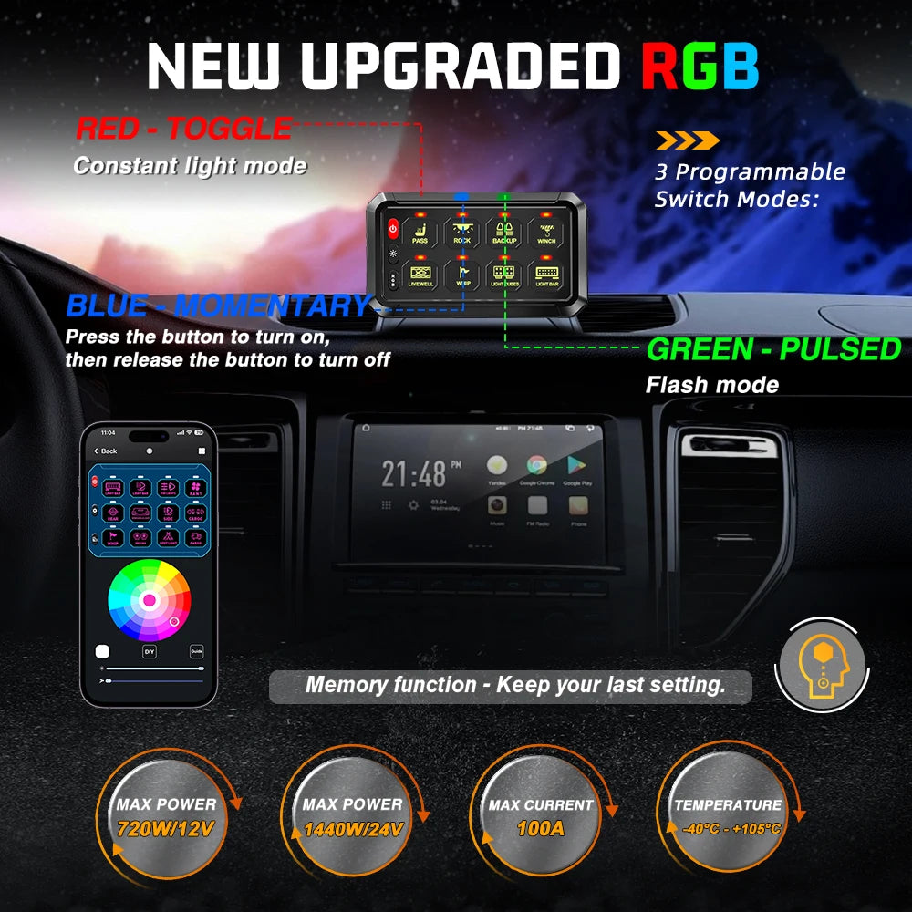 8 Gang Switch Panel with App 12V 60A, Campervan Boat Relay