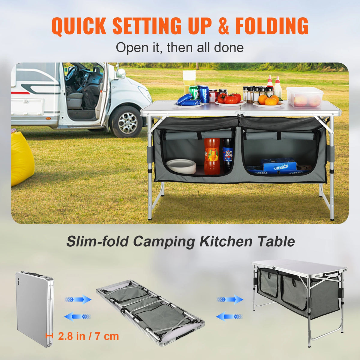 Folding Camping Kitchen Table 3 Height, Aluminium Cooker