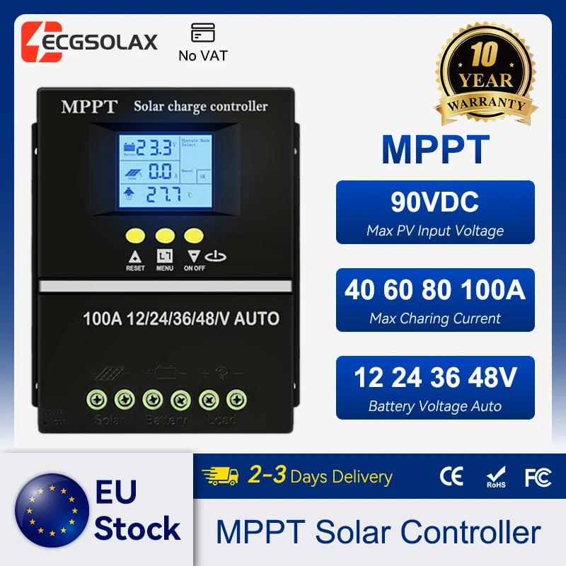 MPPT Solar Charge Controller 40A, 12V 24V 48V, LCD, USB