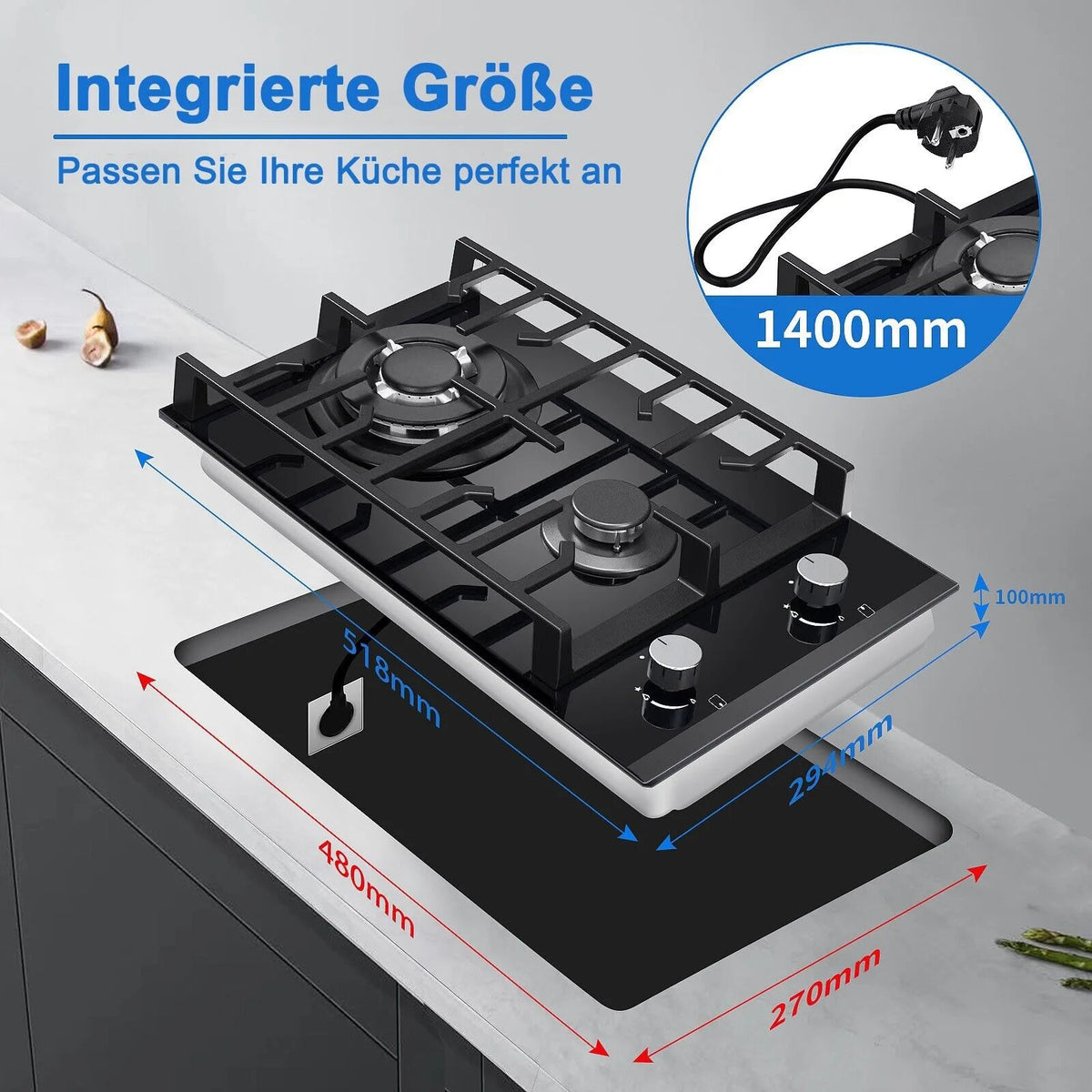 2 Burner Glass Gas Hob LPG, 3.4kW Wok, Campervan Motorhome