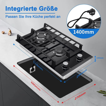 2 Burner Glass Gas Hob LPG, 3.4kW Wok, Campervan Motorhome