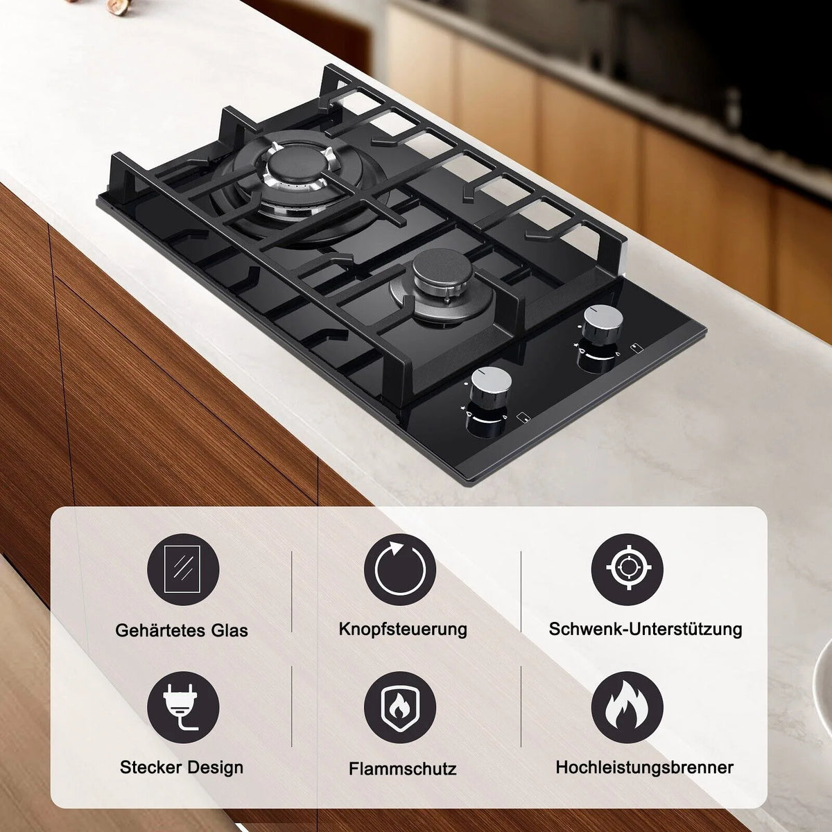 2 Burner Glass Gas Hob LPG, 3.4kW Wok, Campervan Motorhome