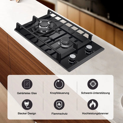 2 Burner Glass Gas Hob LPG, 3.4kW Wok, Campervan Motorhome