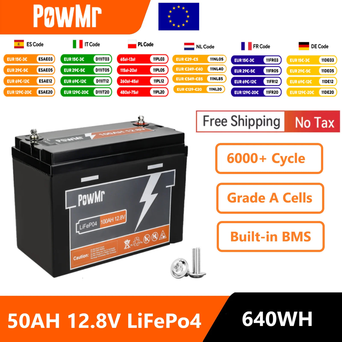 PowMr 12V 50Ah LiFePO4 Leisure Battery 640Wh, Built-in BMS
