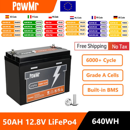 PowMr 12V 50Ah LiFePO4 Leisure Battery 640Wh, Built-in BMS