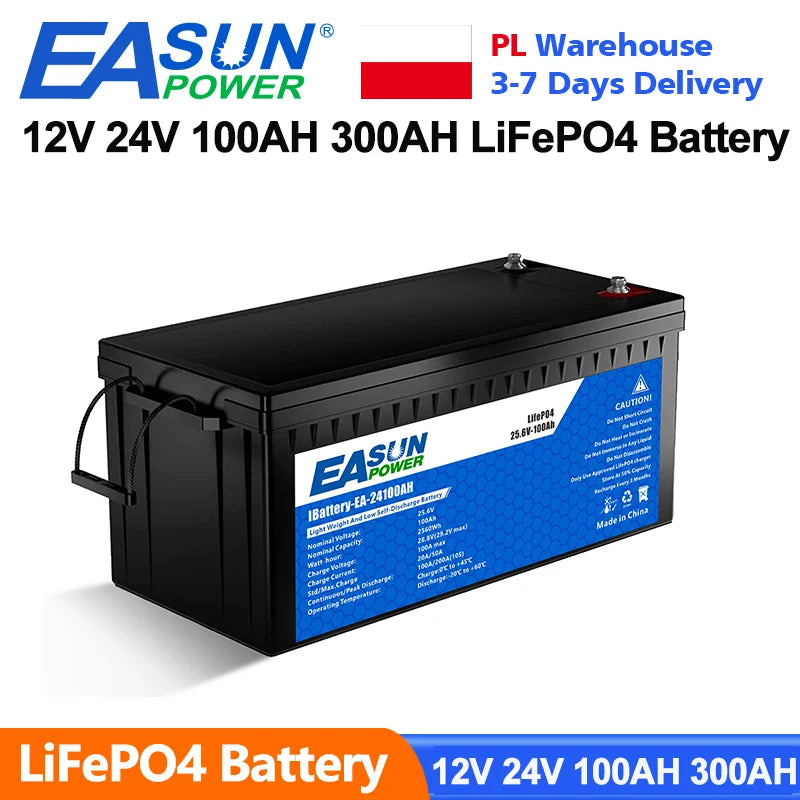 EASUN 12V 100Ah LiFePO4 Battery, 100A BMS, RV Solar