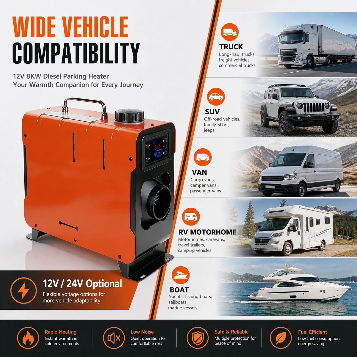 8kW Diesel Air Heater 12V 24V LCD Remote, Campervan