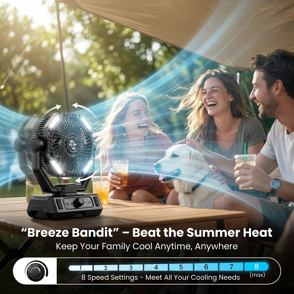 Rechargeable Camping Fan 20000mAh, LED Light, Remote