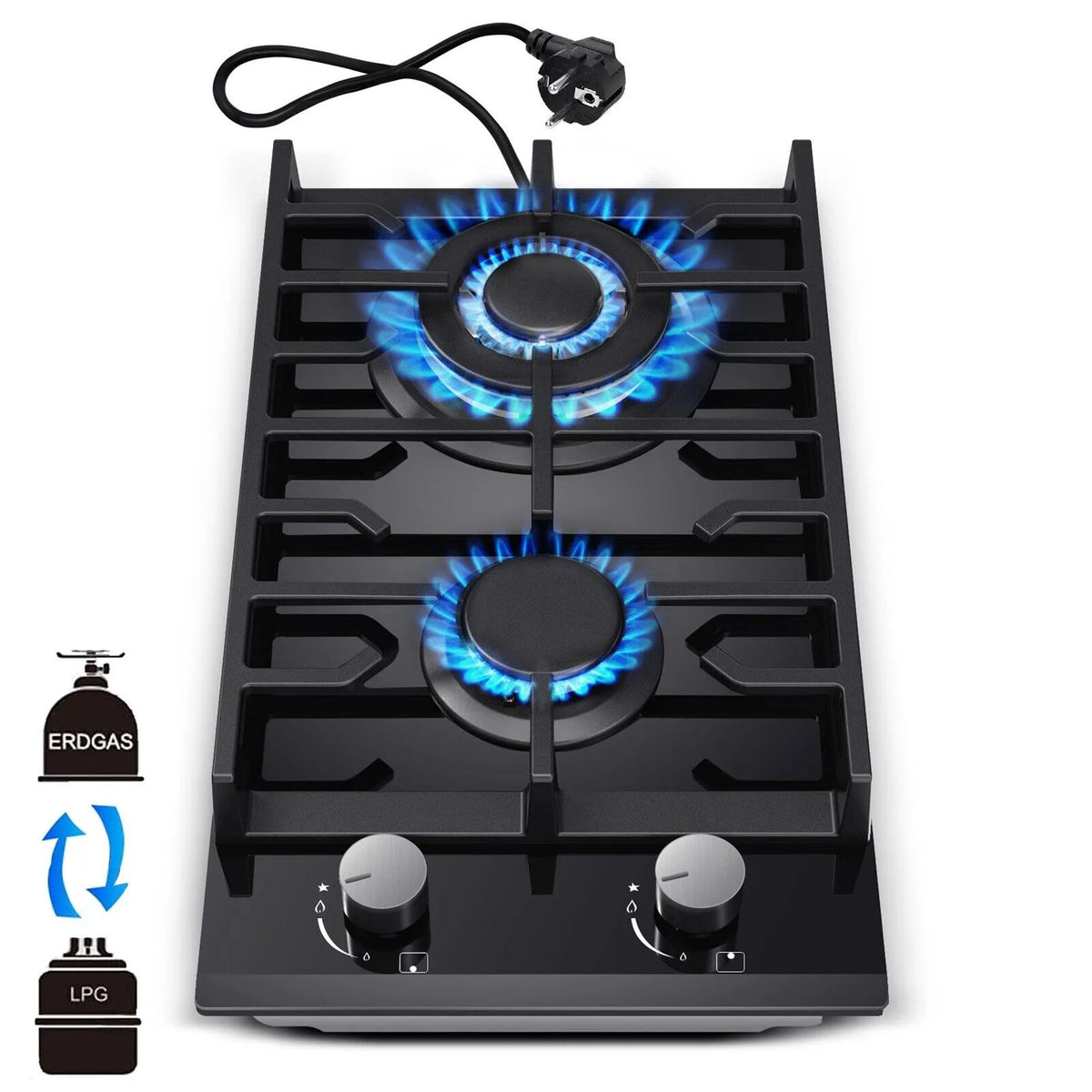 2 Burner Glass Gas Hob LPG, 3.4kW Wok, Campervan Motorhome
