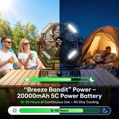 Rechargeable Camping Fan 20000mAh, LED Light, Remote