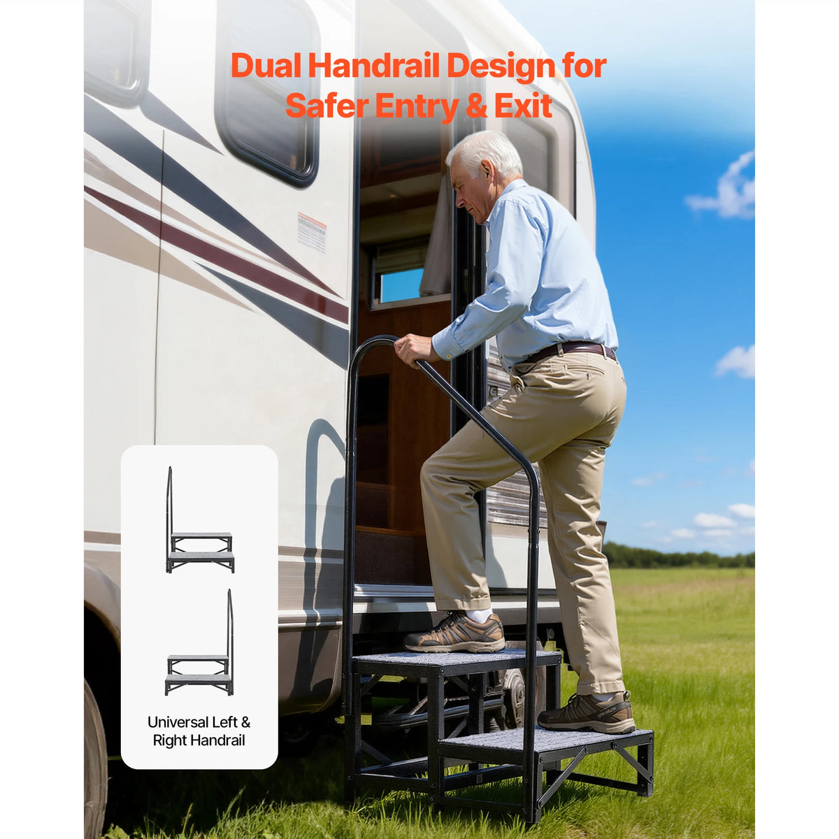 RV Steps with Handrail 300kg, Non-Slip Motorhome Stairs