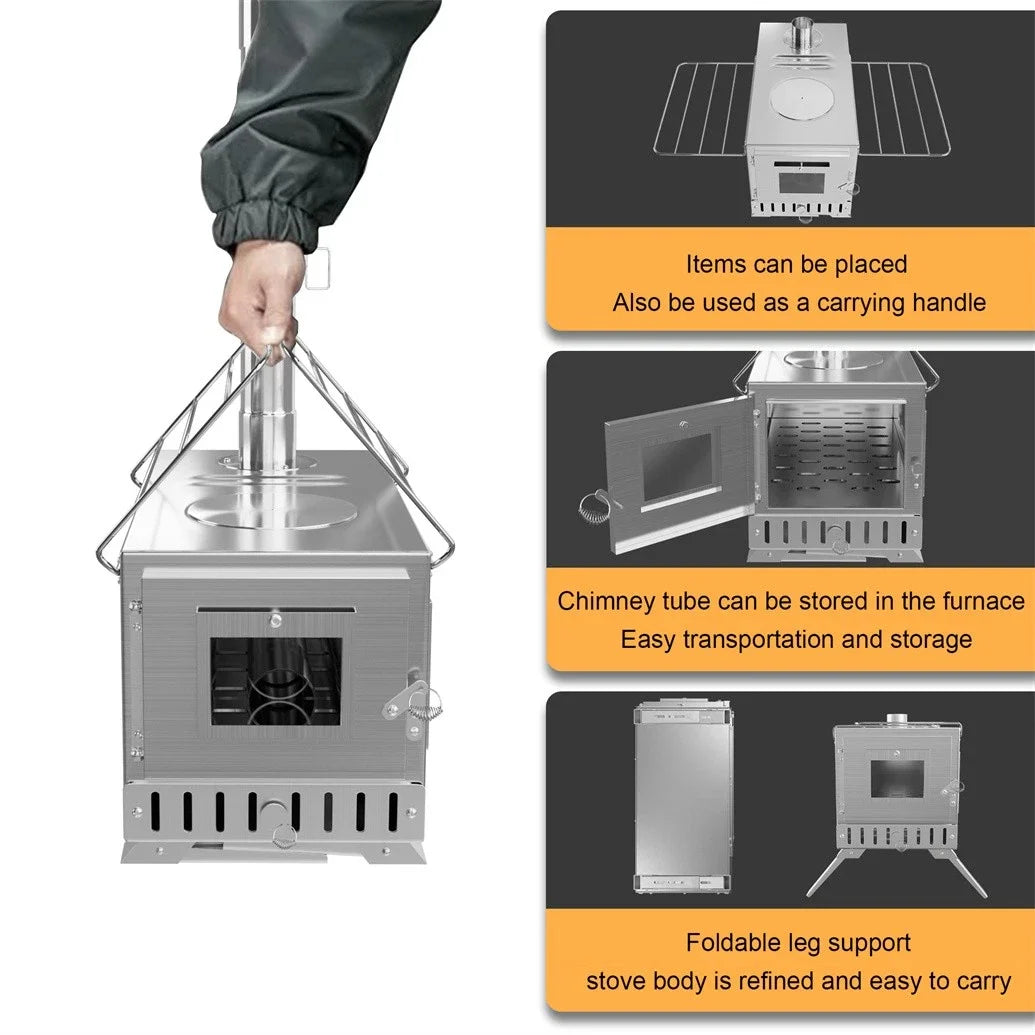 Wood Burning Tent Stove, Stainless Steel with Chimney