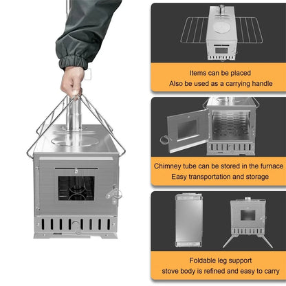 Wood Burning Tent Stove, Stainless Steel with Chimney