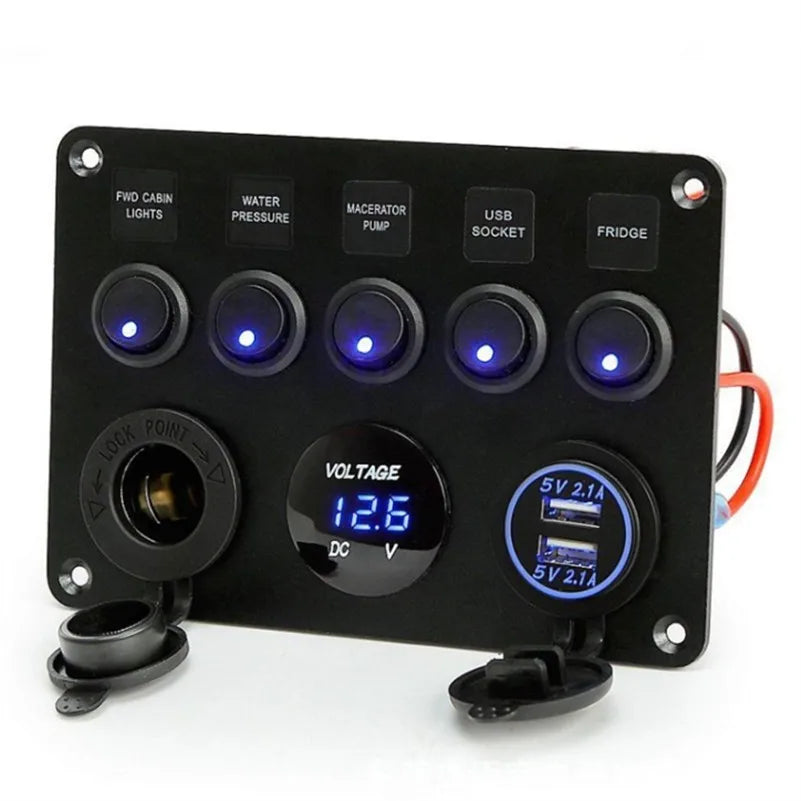 5 Gang Switch Panel 12V 24V, USB Voltmeter, Campervan Boat