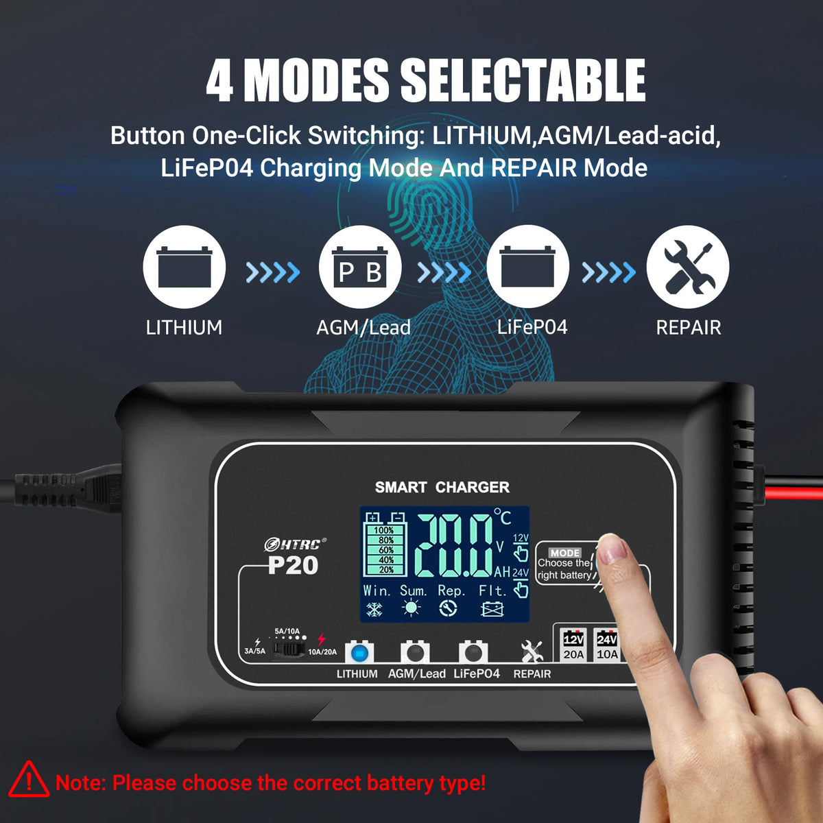 HTRC 20A Smart Battery Charger 12V 24V, LiFePO4 AGM