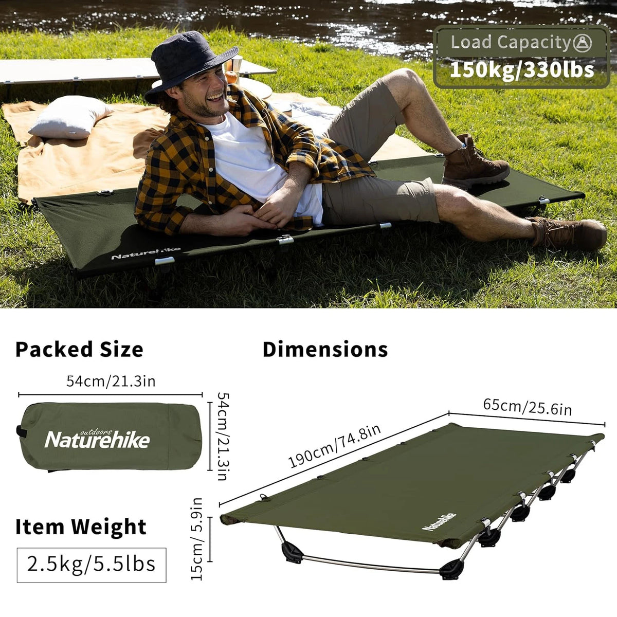 Naturehike Folding Camping Cot 190x65cm, Oxford Camp Bed