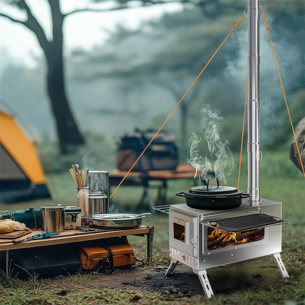 Wood Burning Tent Stove, Stainless Steel with Chimney