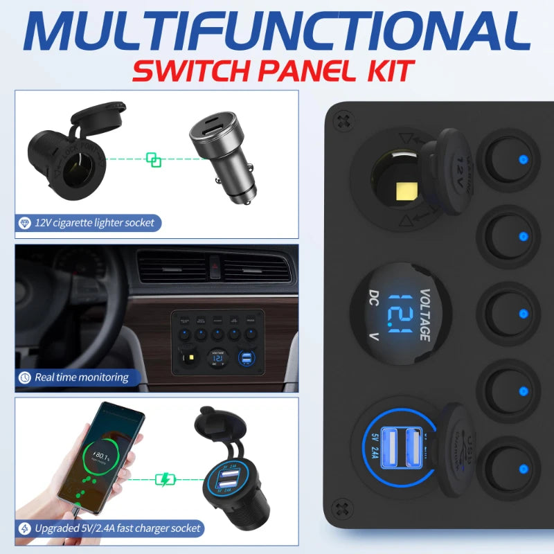 5 Gang Switch Panel 12V 24V, USB Voltmeter, Campervan Boat