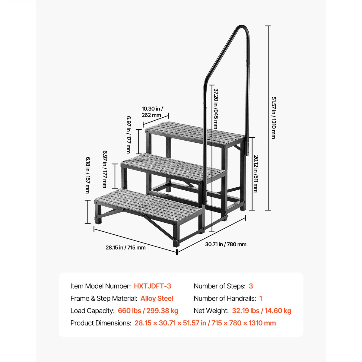 RV Steps with Handrail 300kg, Non-Slip Motorhome Stairs