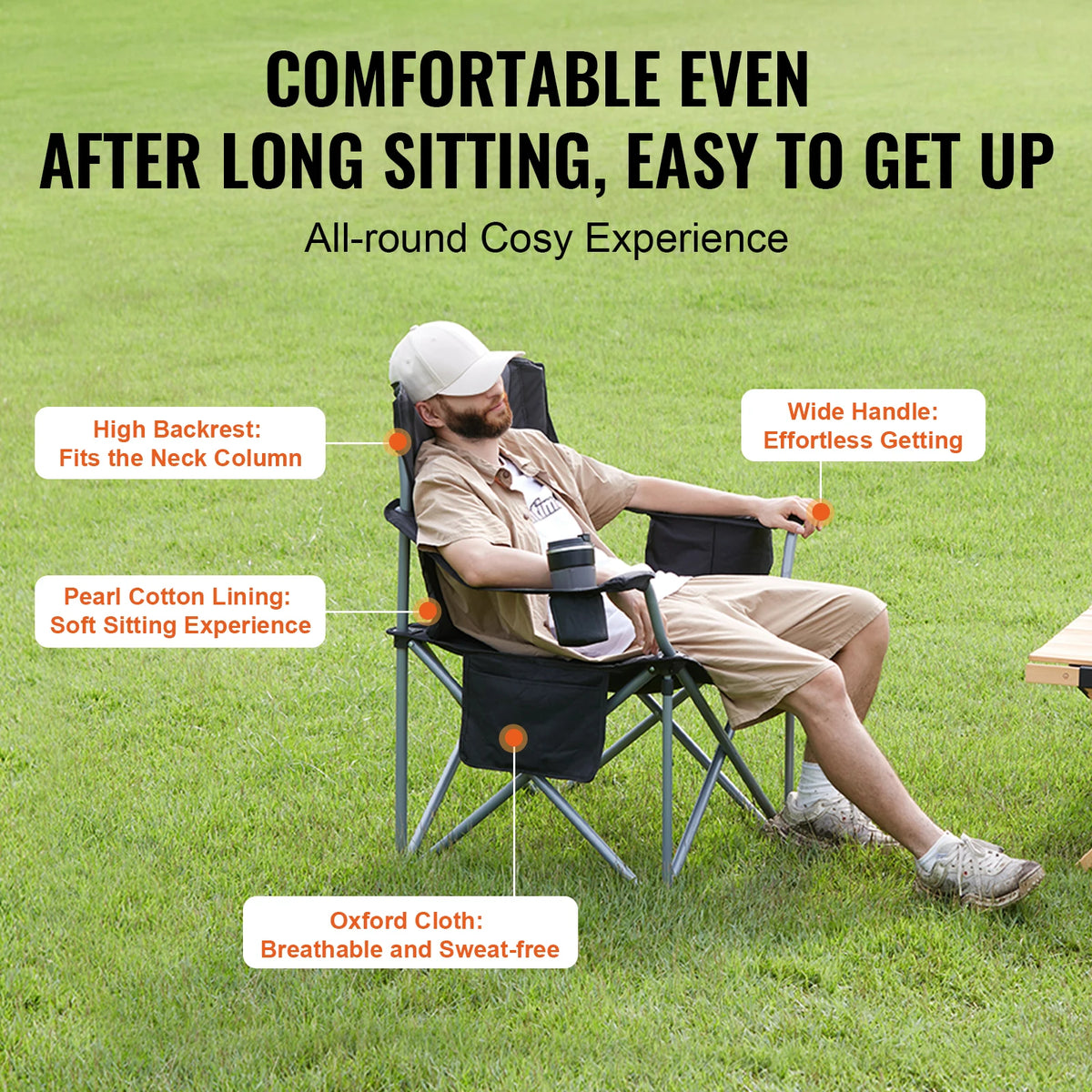 Padded Folding Camping Chair, Pockets, 600D Oxford, 350lb