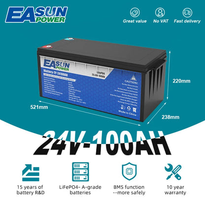 EASUN 12V 100Ah LiFePO4 Battery, 100A BMS, RV Solar