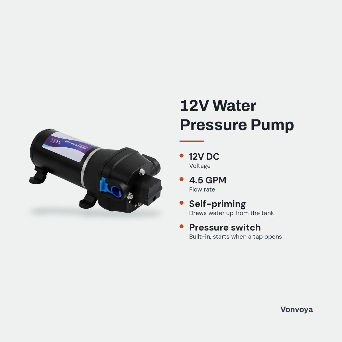 12V Water Pressure Pump - key features graphic