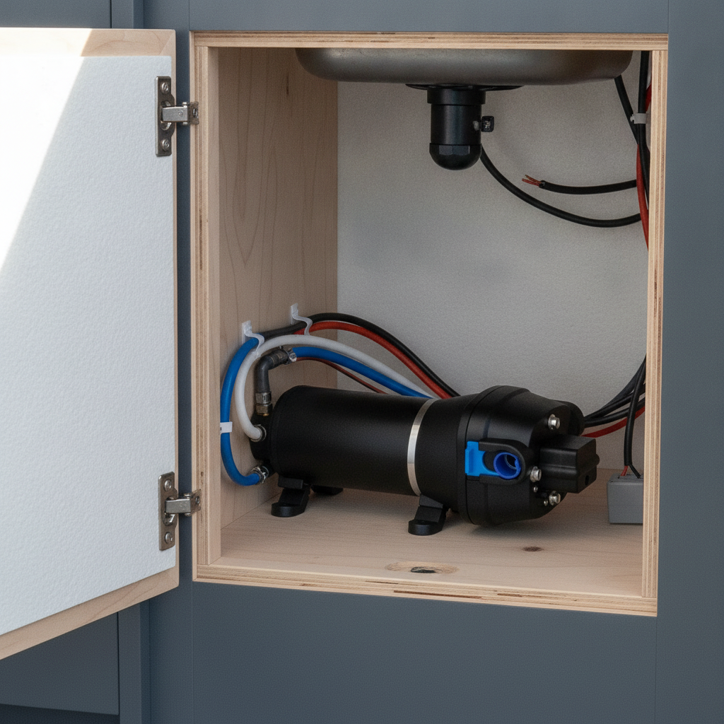 12V Water Pressure Pump - installed in a campervan cupboard