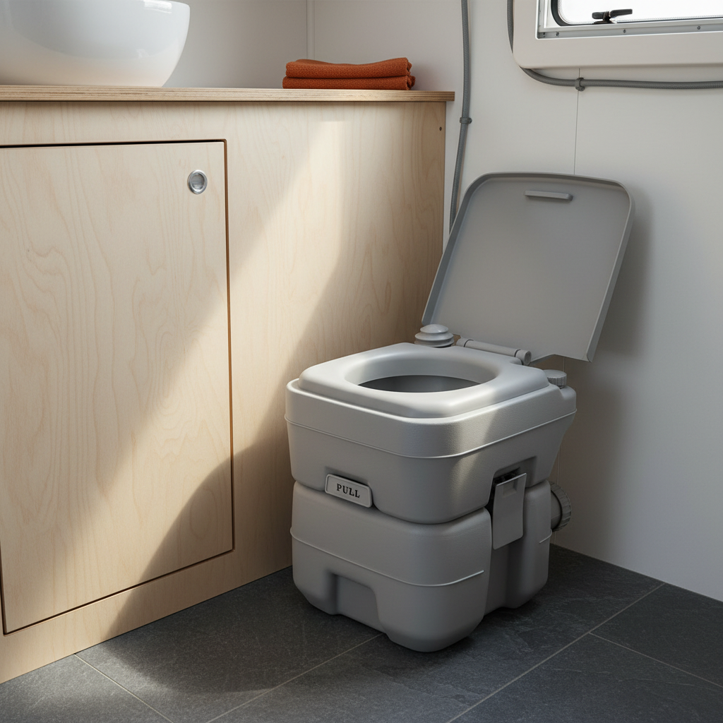 Portable Camping Toilet 20L - in a campervan washroom corner