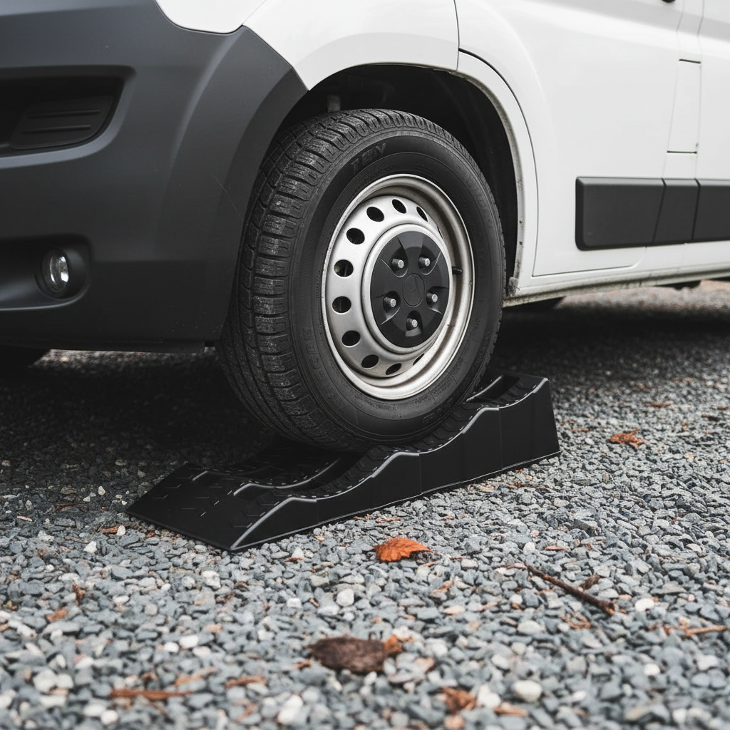 Levelling Ramps 2-Pack - in front of a campervan wheel