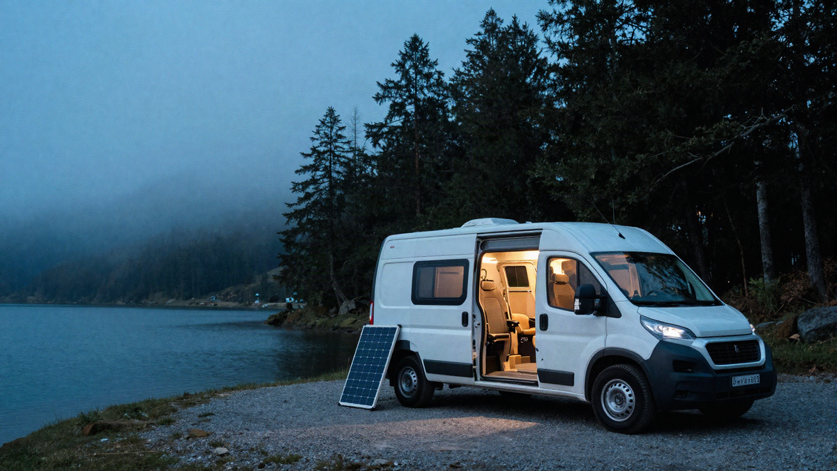 Campervan parked above an alpine lake at blue hour with a folding solar panel