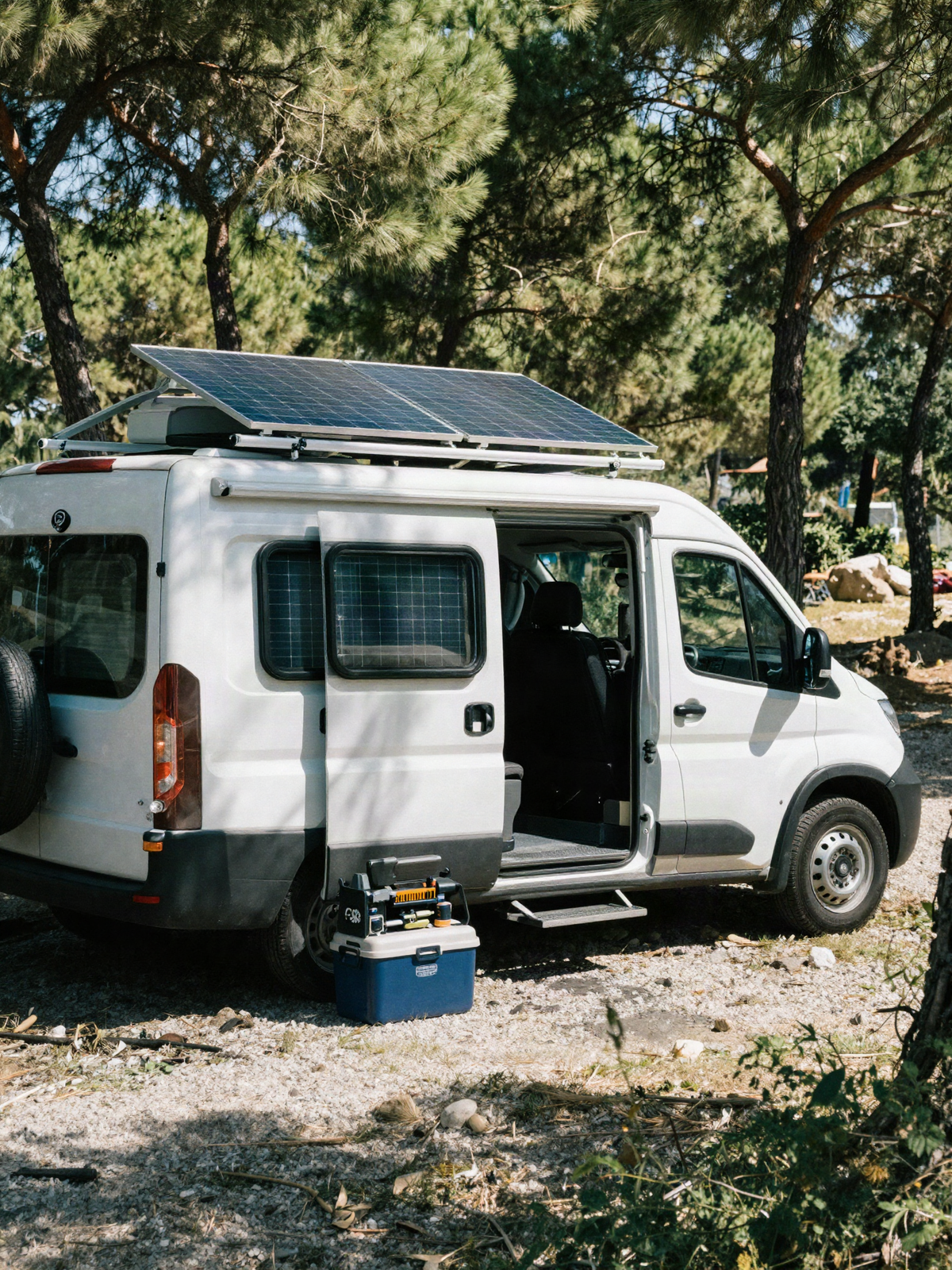 Camper van with roof solar panels, power station and 12V cool box