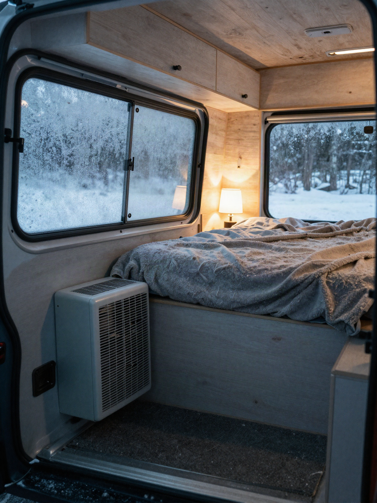 Insulated camper van interior on a winter night